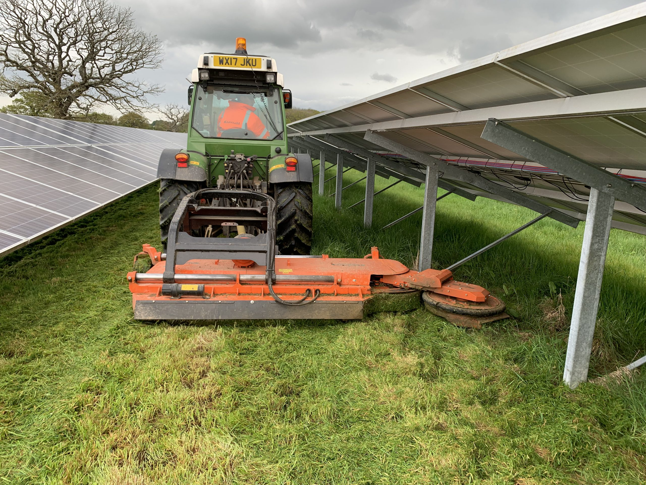 Sun Swing solar mower operating between rows of ground-mount solar panels at a commercial solar farm